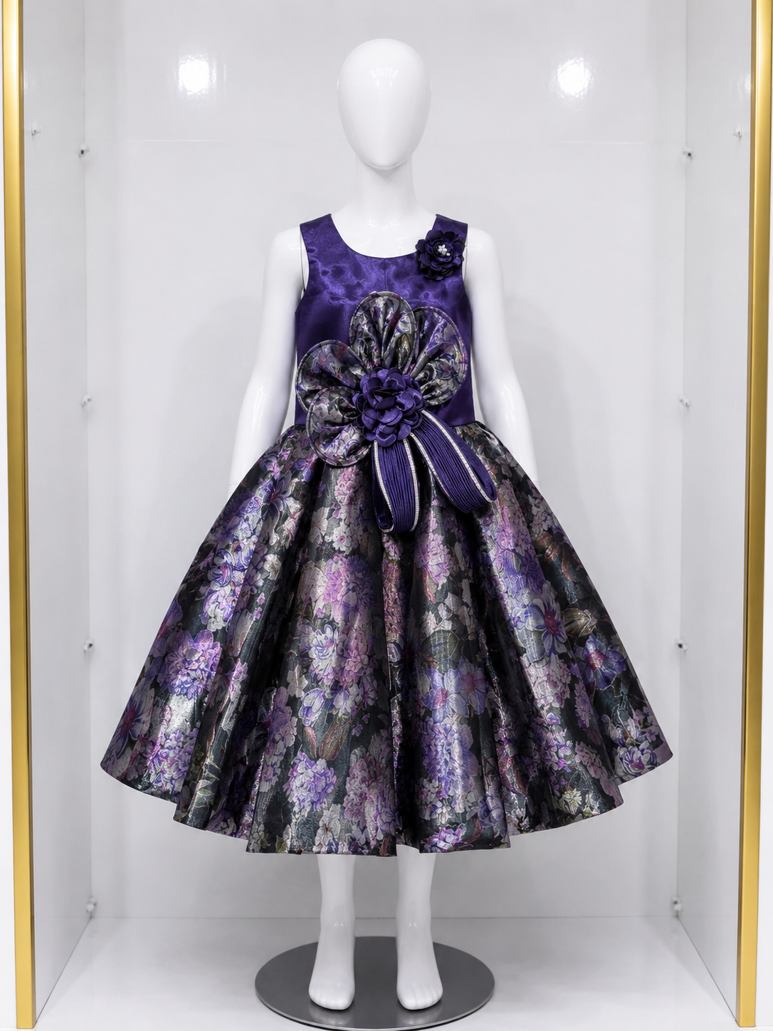 ROYAL VOILET FLORAL JACQUARD PARTY DRESS