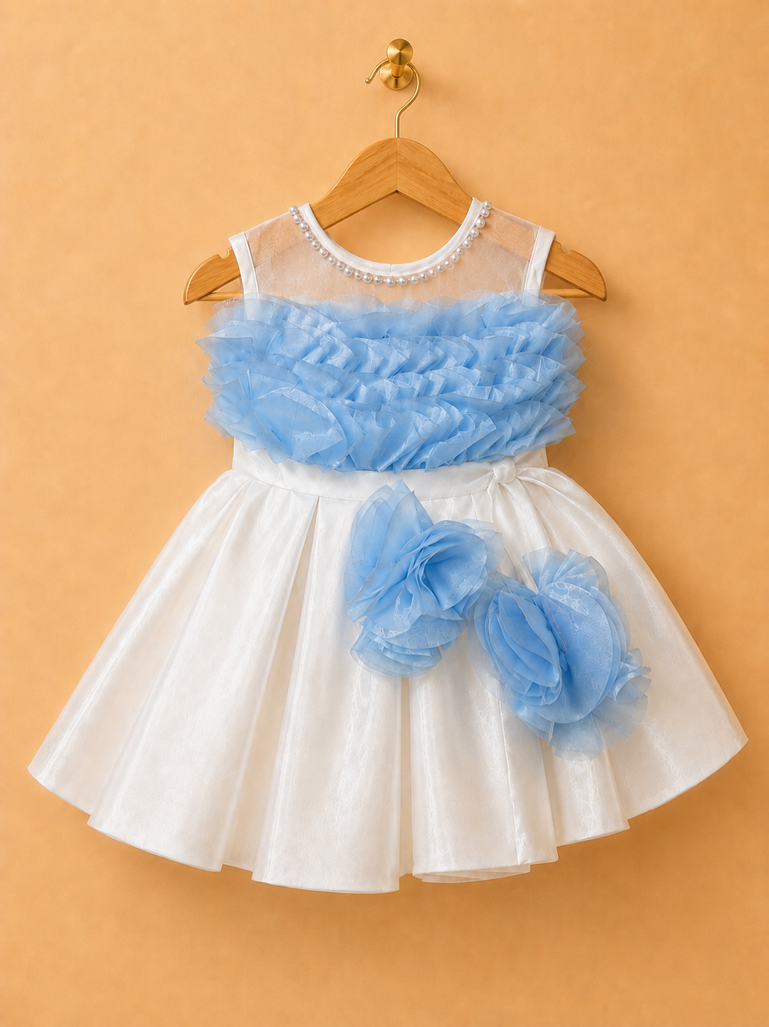 WHITE & SKY BLUE ORGANZA RUFFLE PARTY DRESS