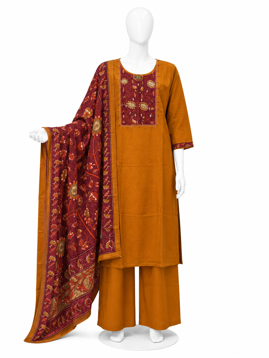 MUSTARD ORANGE STRAIGHT KURTA PALAZZO SET WITH PRINTED DUPATTA
