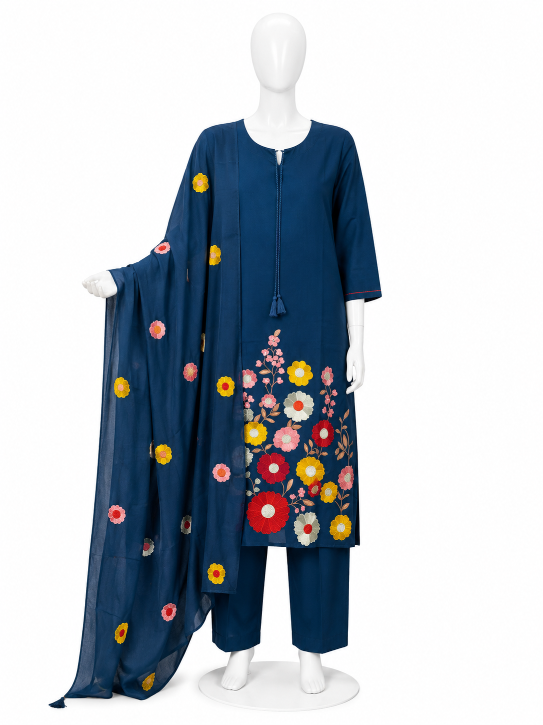 NAVY BLUE FLORAL EMBROIDERED KURTA SET WITH DUPATTA