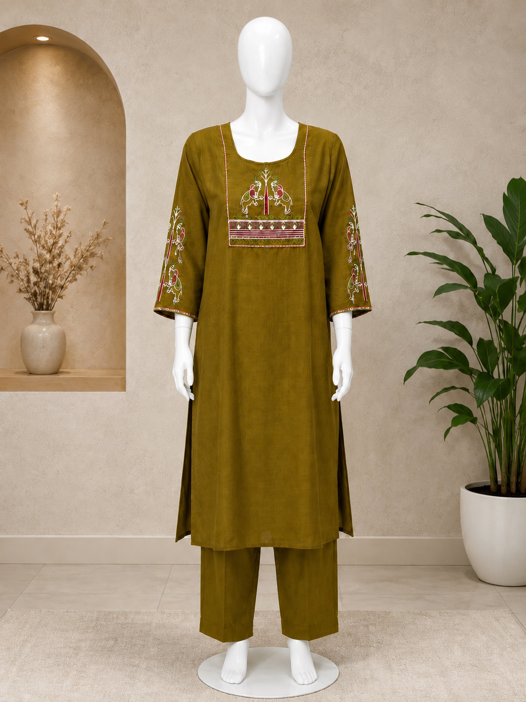 OLIVE GREEN EMBROIDERED STRAIGHT KURTA PANT SET