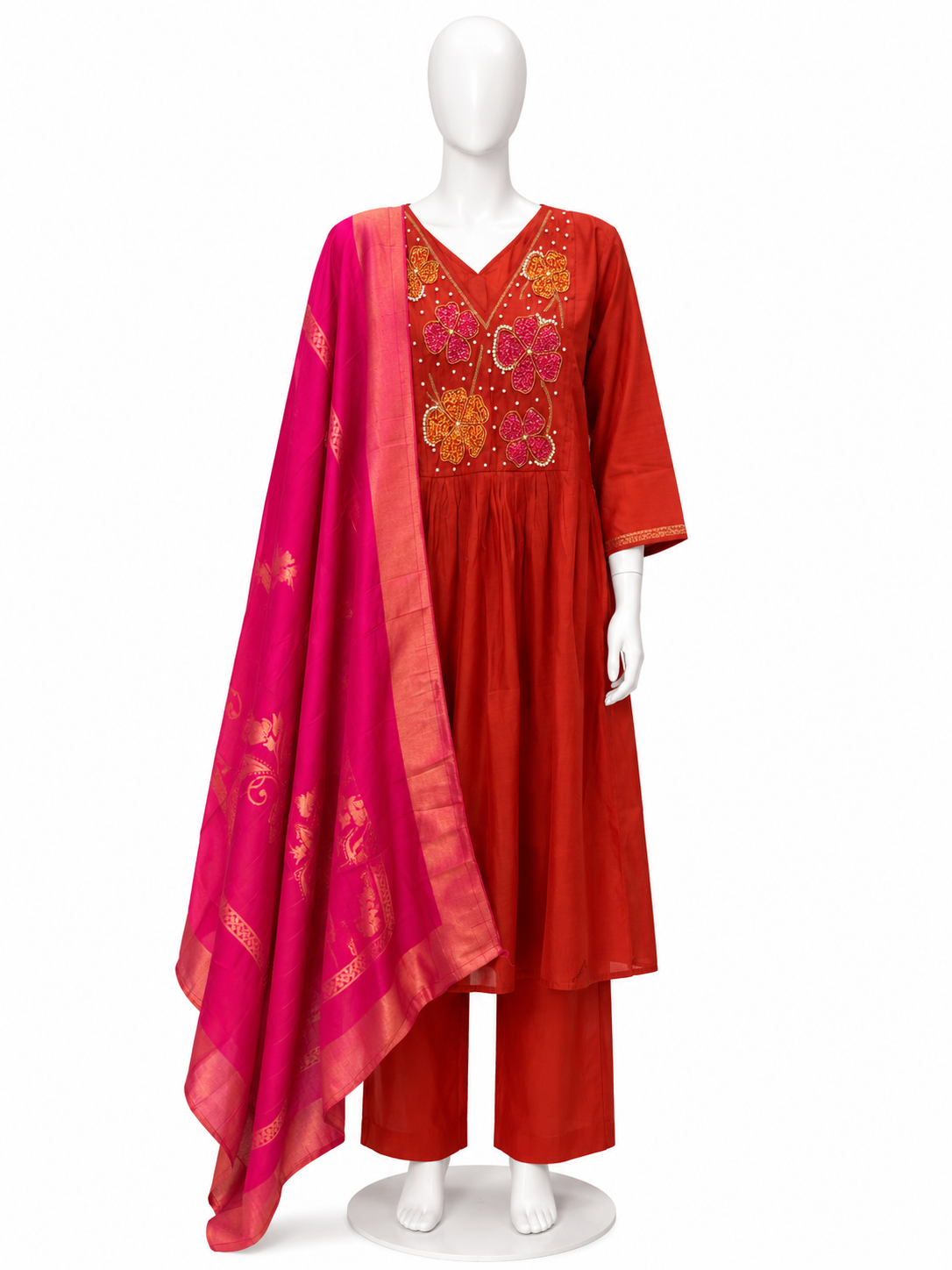 RUST ORANGE EMBROIDERED ANARKALI KURTA SET WITH PINK DUPATTA
