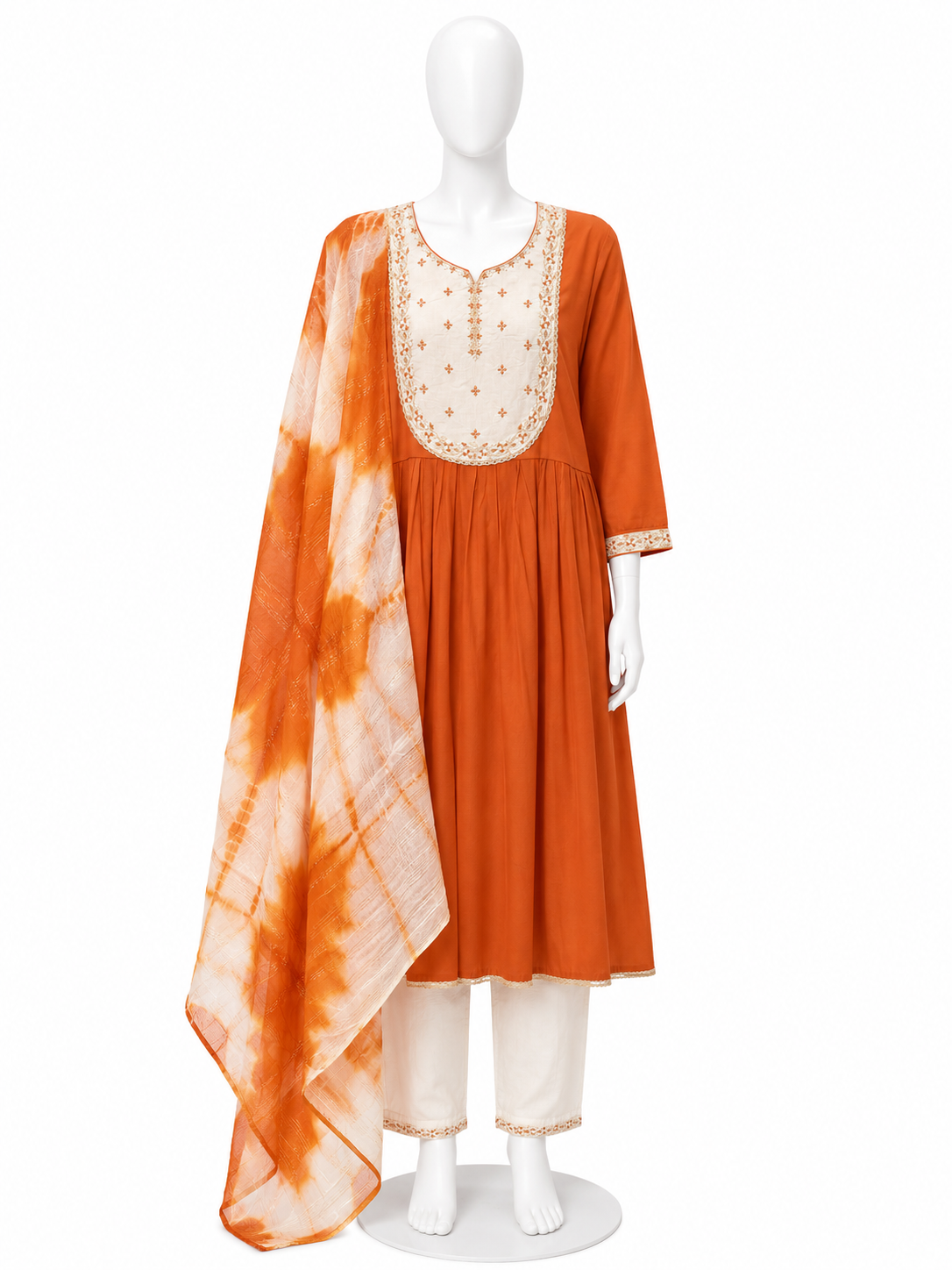 ORANGE ANARKALI KURTA SET WITH TIE-DYE DUPATTA