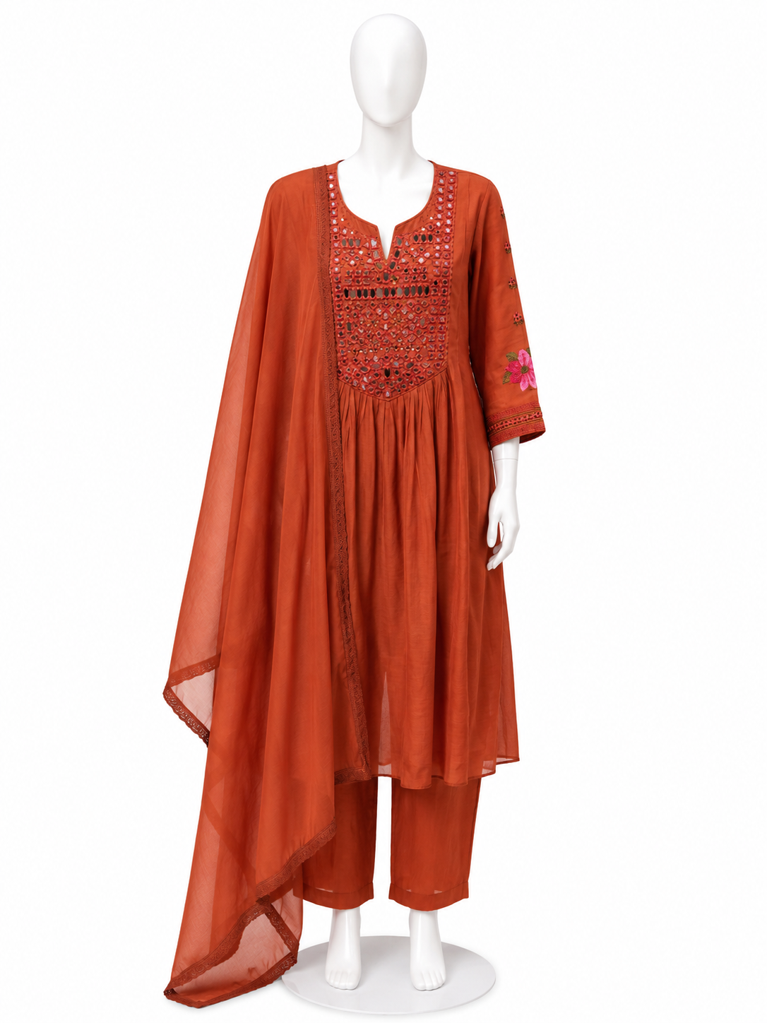 BRUNT ORANGE MIRROR WORK ANARKALI SET WITH DUPATTA