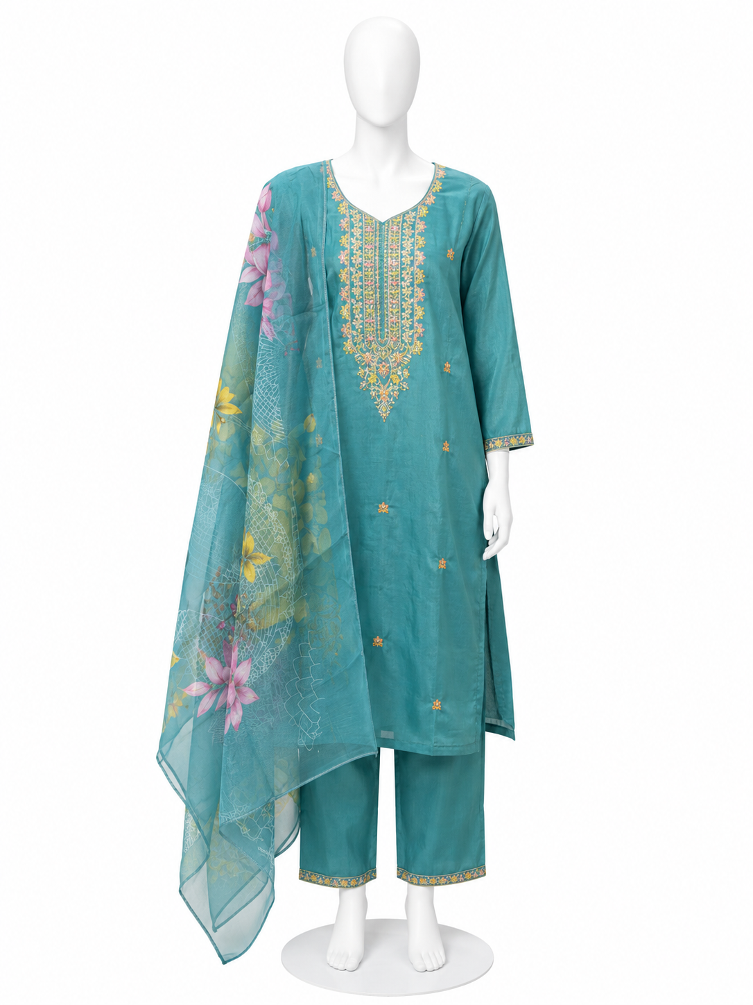 AQUA BLUE EMBROIDERED KURTA PANT SET WITH FLORAL DUPATTA