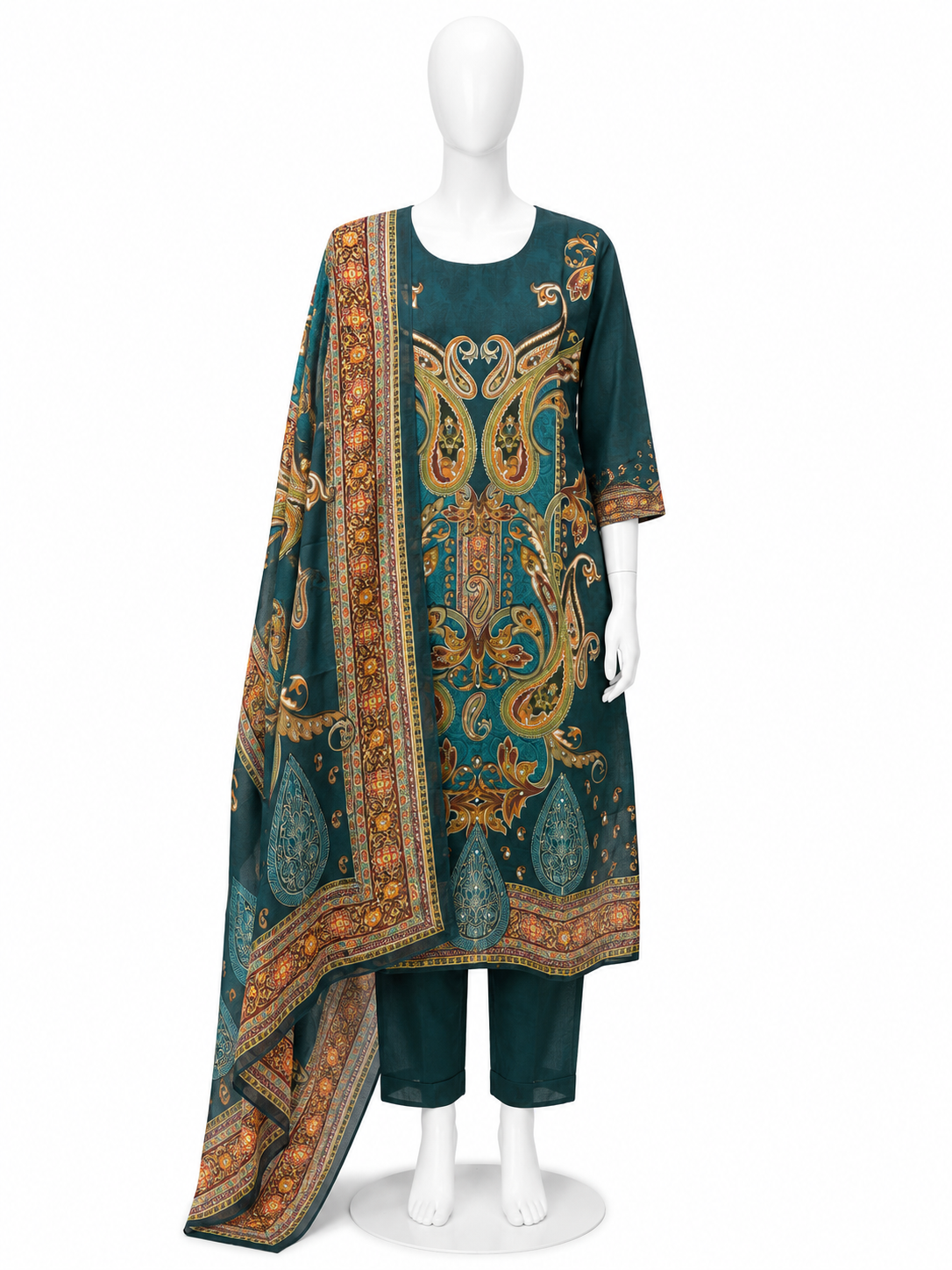 TEAL BLUE PAISLEY PRINTED KURTA PANT SET WITH DUPATTA