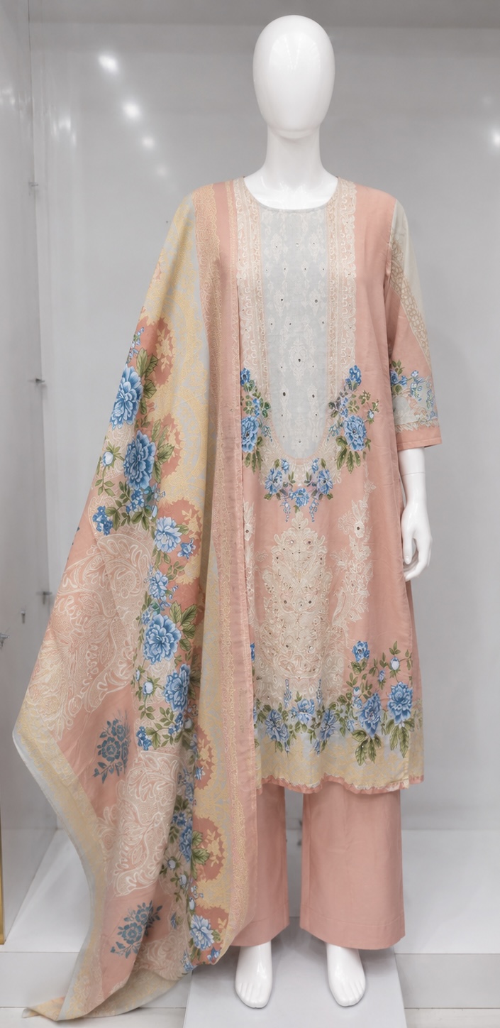 BLUSH PEACH FLORAL PRINTED KURTA PALAZZO SET WITH DUPATTA