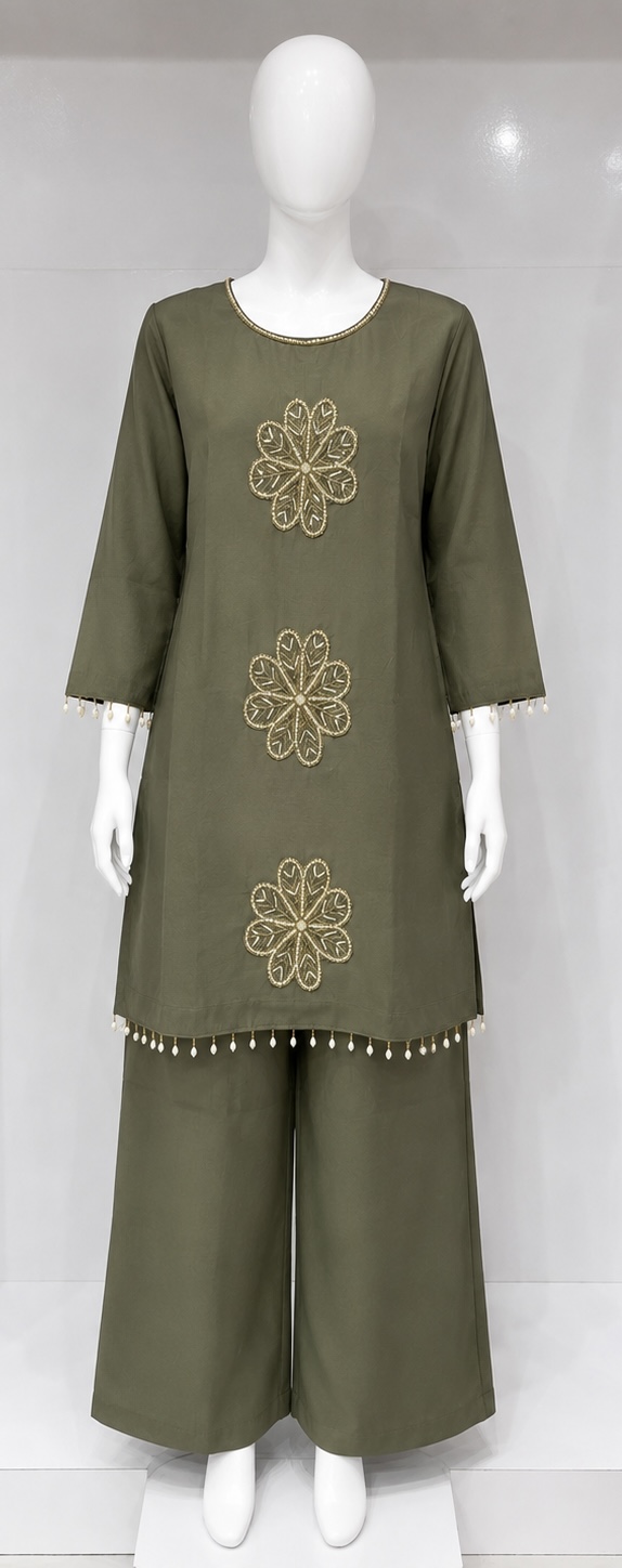 OLIVE GREEN EMBROIDERED KURTA PALAZZO SET