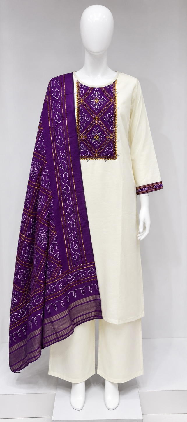 IVORY WHITE KURTA PALAZZO SET WITH PURPLE BANDHANI DUPATTA