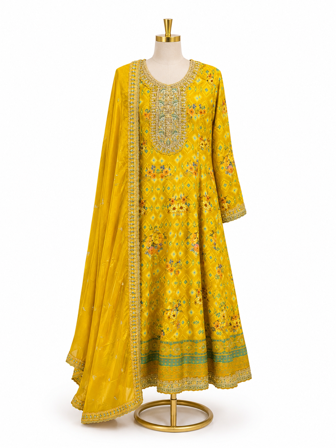 MUSTARD YELLOW FLORAL PRINTED ANARKALI SUIT SET WITH DUPATTA