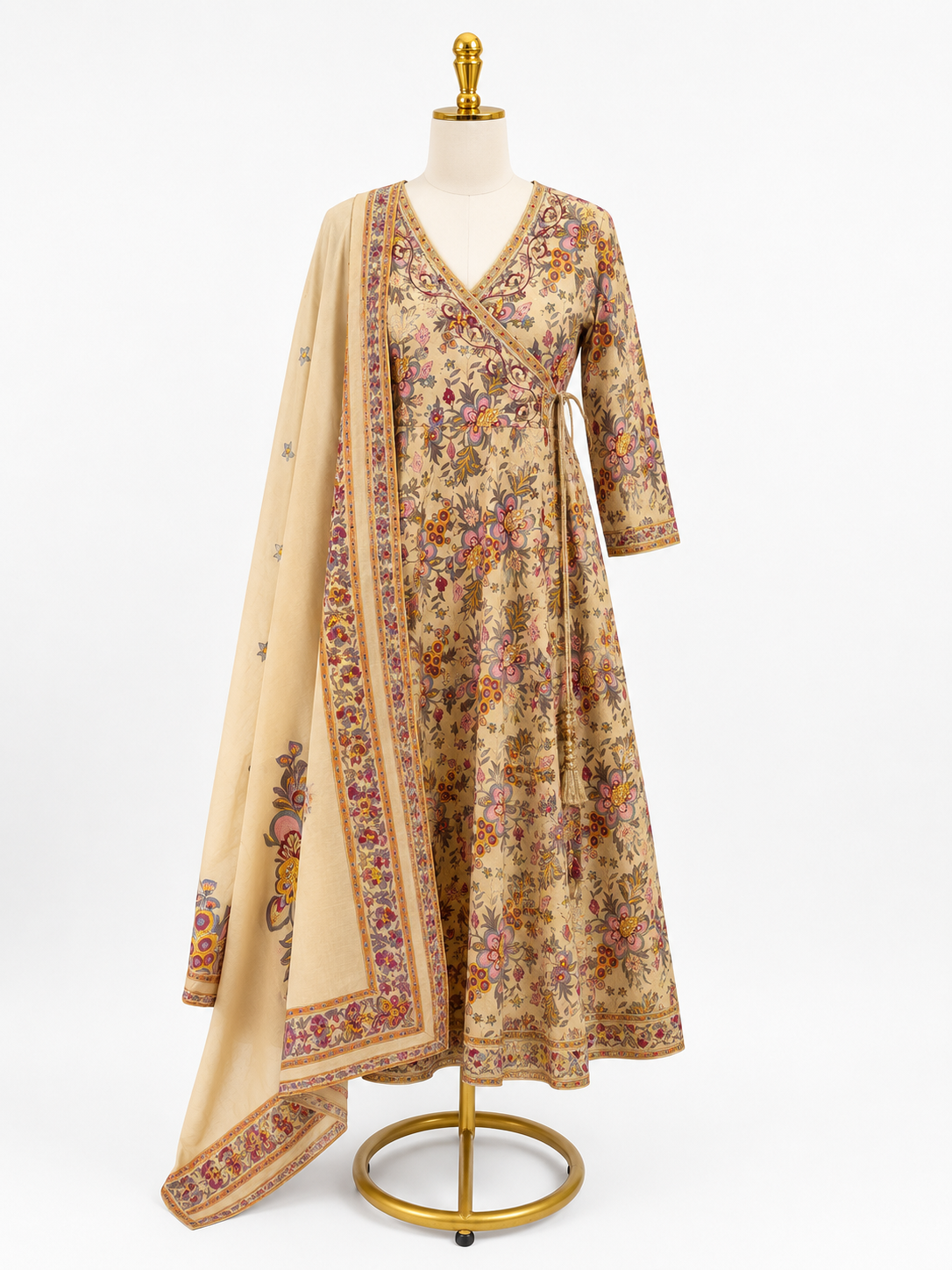 BEIGE FLORAL WRAP-STYLE ANARKALI SUIT SET WITH DUPATTA