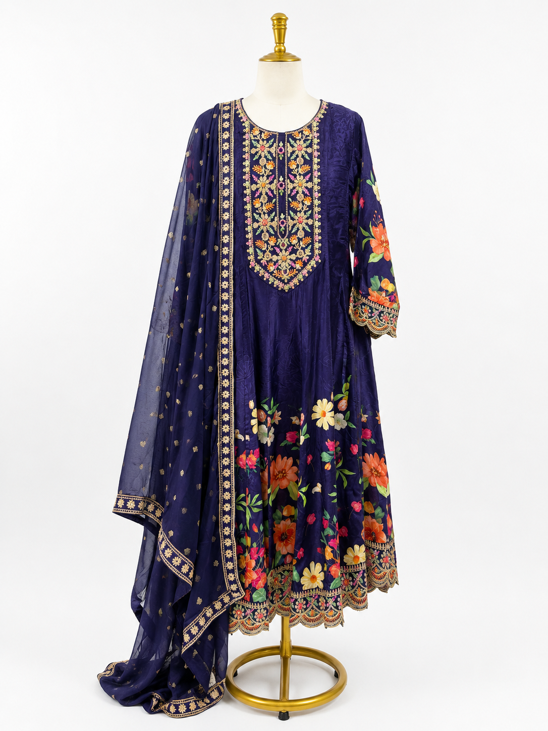NAVY BLUE FLORAL EMBROIDERED ANARKALI SUIT SET WITH DUPATTA