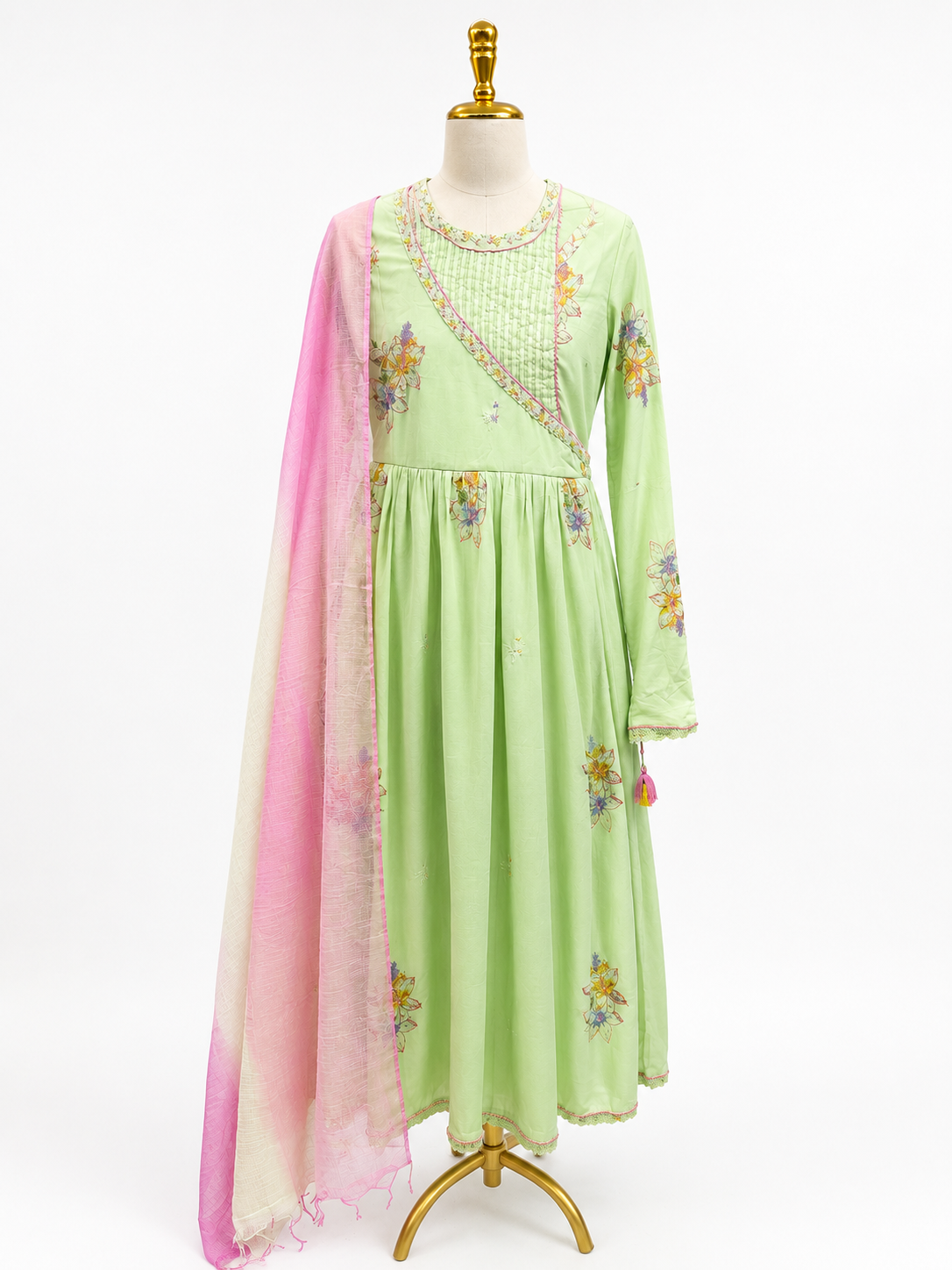 MINT GREEN FLORAL PRINTED ANARKALI SUIT SET WITH OMBRE DUPATTA