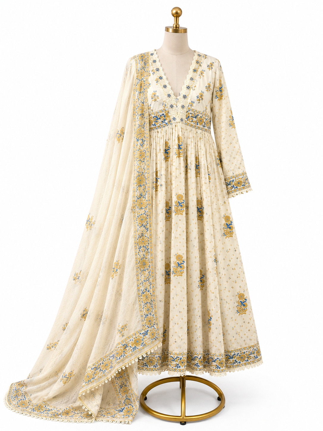 IVORY CREAM FLORAL PRINTED ANARKALI SUIT SET WITH DUPATTA