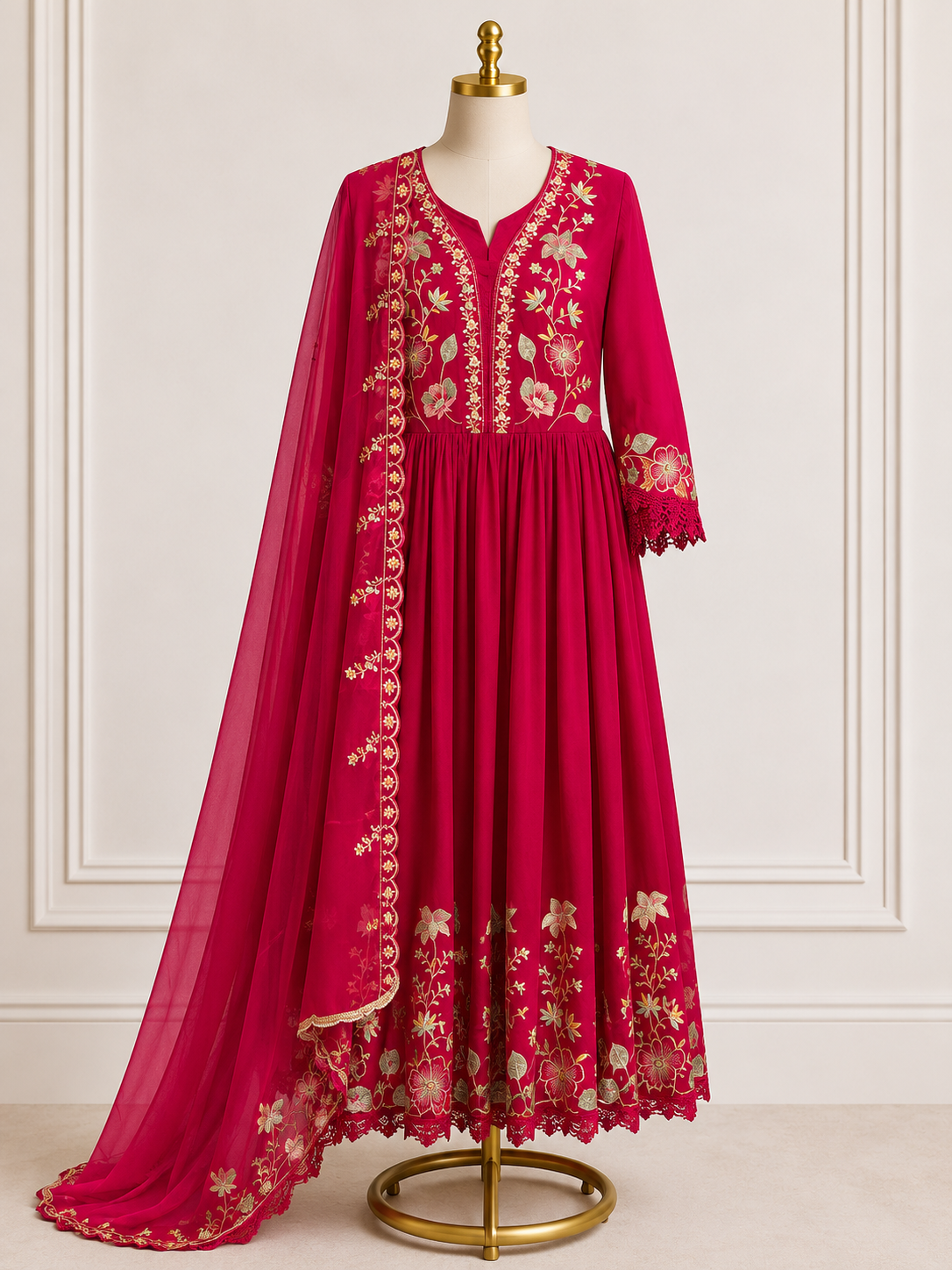 FUCHSIA PINK EMBROIDERED ANARKALI SUIT SET WITH DUPATTA