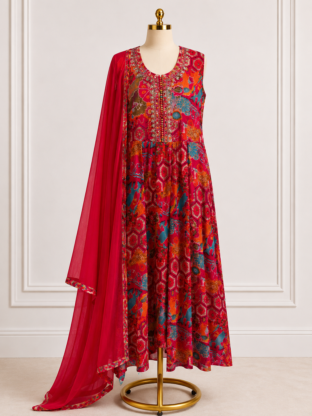 FUCHSIA PINK ABSTRACT PRINTED ANARKALI SUIT SET WITH DUPATTA