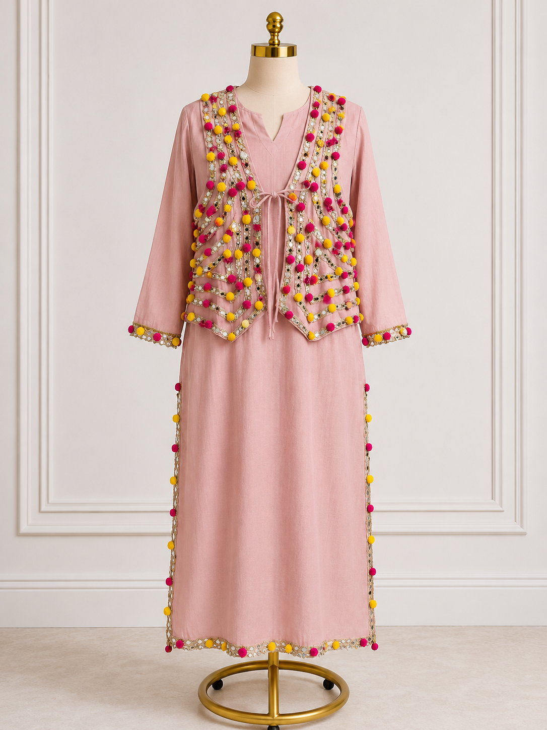BLUSH PINK POPM-POM EMDELLISHED KURTA SET WITH DECORATIVE JACKET