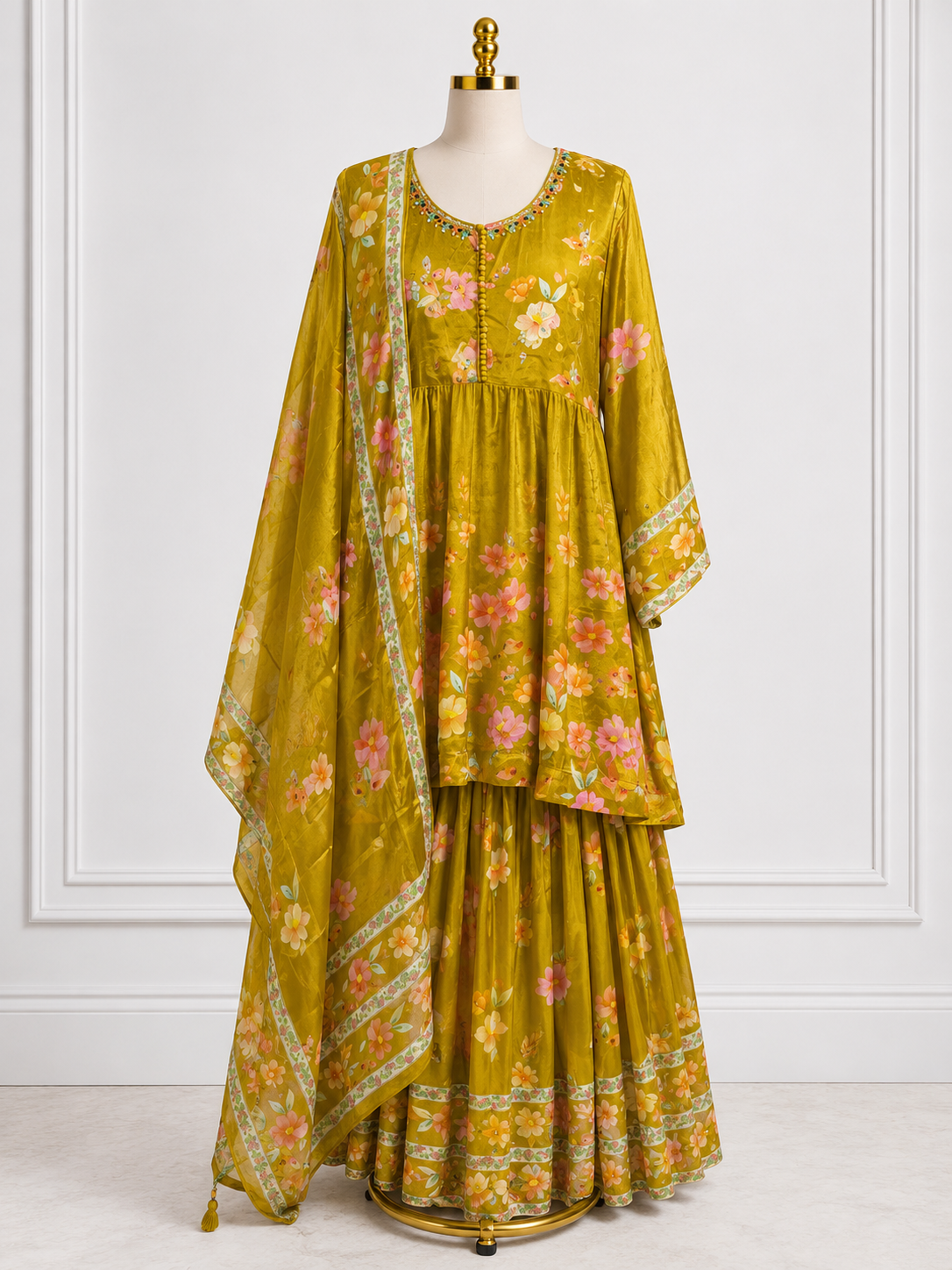OLIVE GREEN FLORAL PRINTED SHARARA SUIT SET WITH DUPATTA