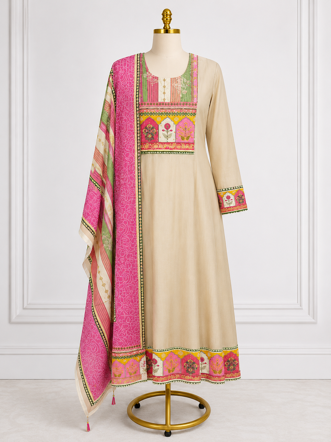 BEIGE & PINK PRINTEED A-LINE SUIT SET WITH DUPATTA