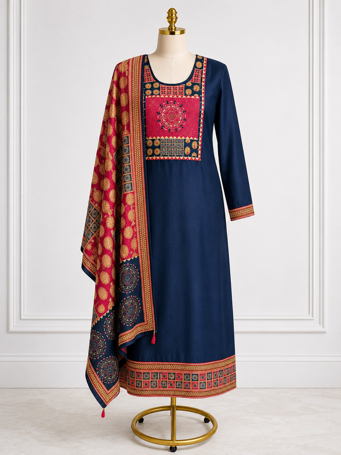NAVY BLUE ETHNIC PRINTED ANARKALI SUIT SET WITH DUPATTA