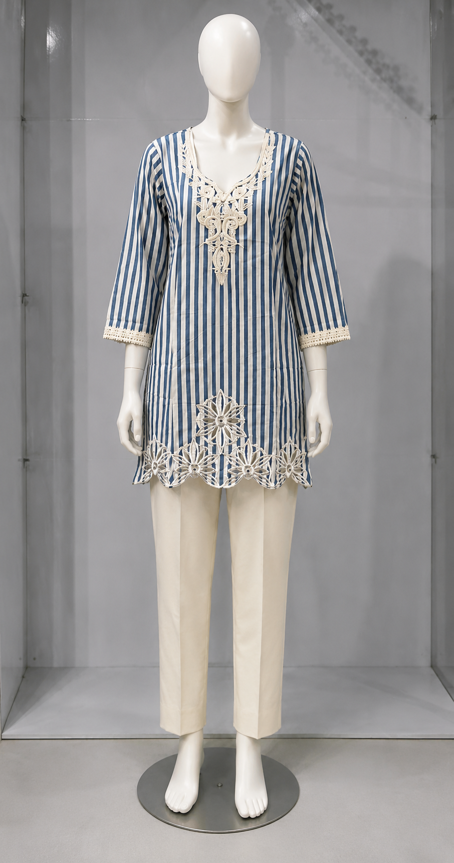 BLUE & WHITE STRIPED FLORAL PRINTED KURTA SET WITH TASSEL DUPATTA