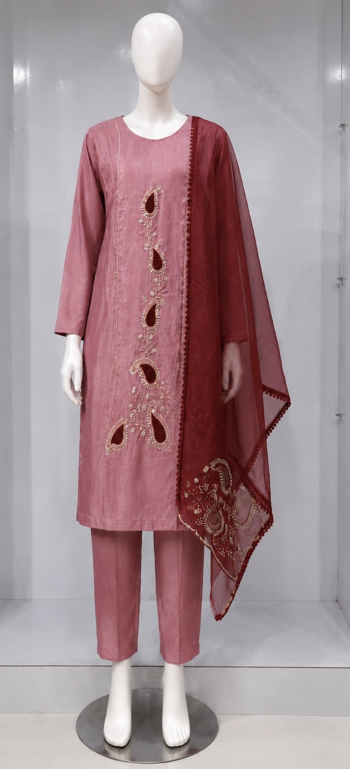 BLUSH PINK EMBROIDERED KURTA SET WITY ORGANZA DUPATTA