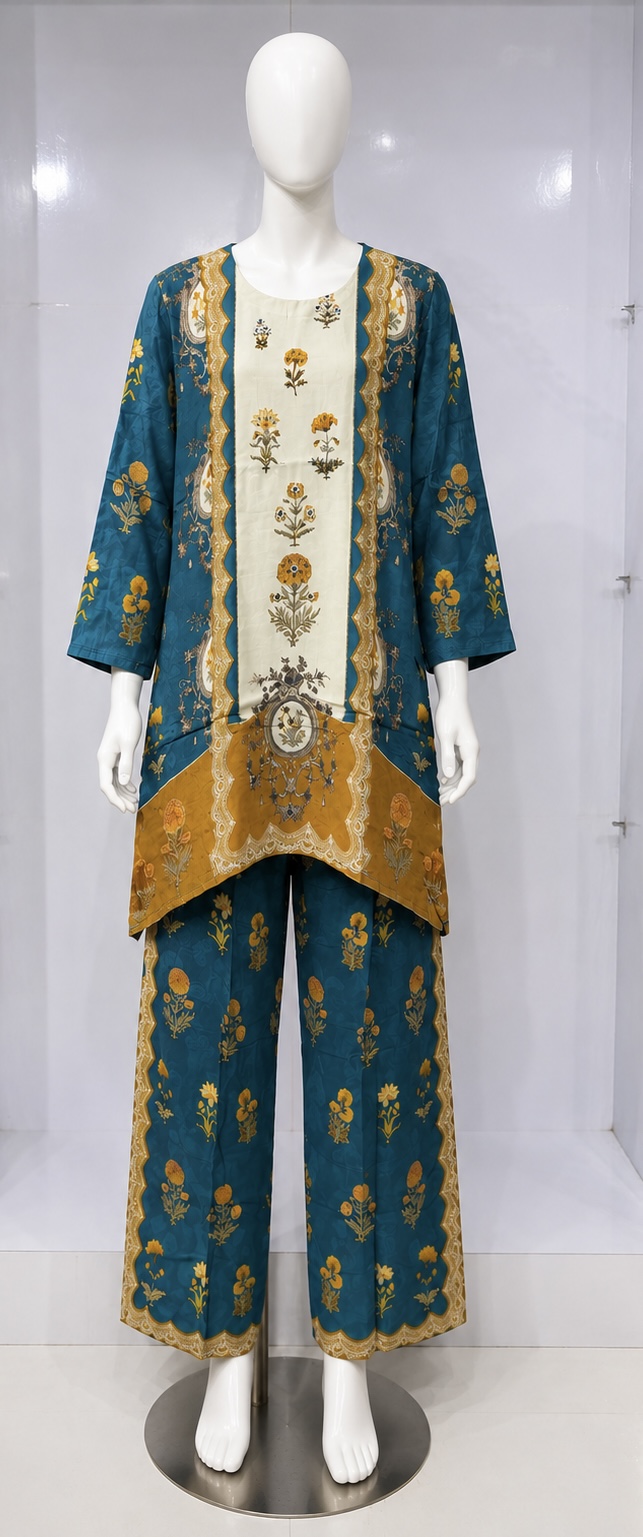 TEAL BLUE FLORAL PRINTED CO-ORD SET WITH WIDW-LEG PANTA