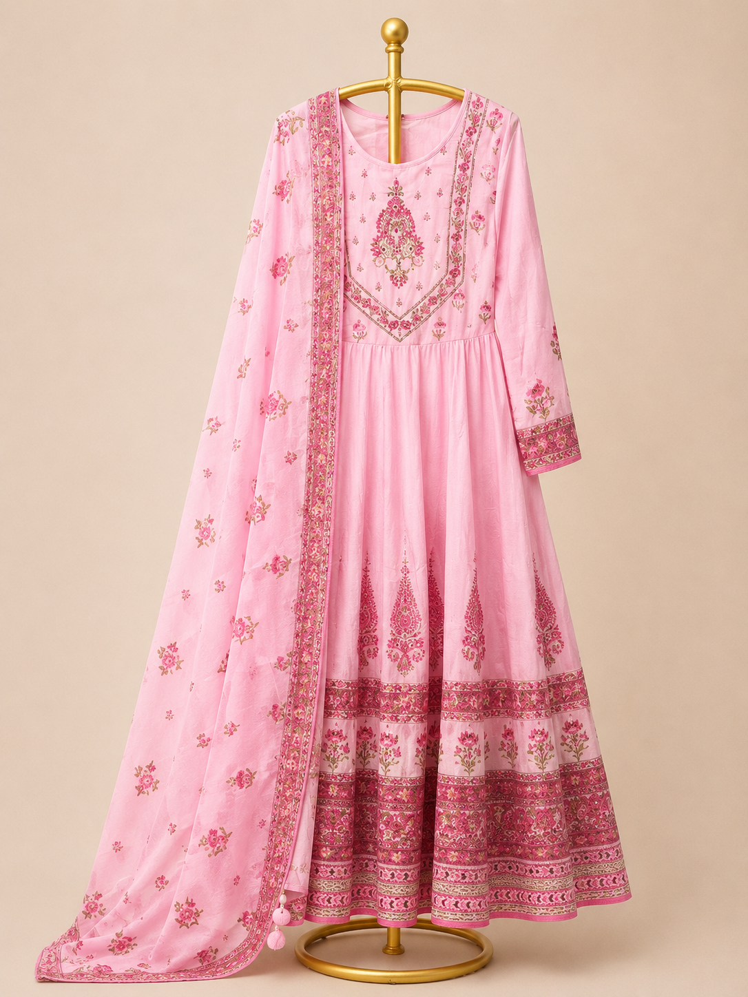 BLUSH PINK FLORAL ANARKALI SUIT SET WITH DUPATTA