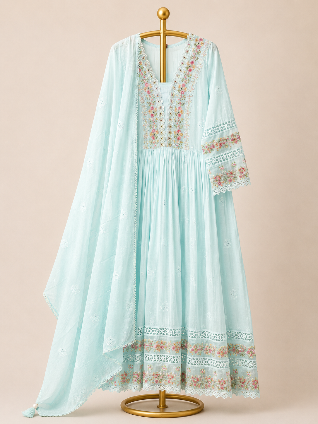 POWDER BLUE EMBROIDERED ANARKALI SUIT SET WITH DUPATTA