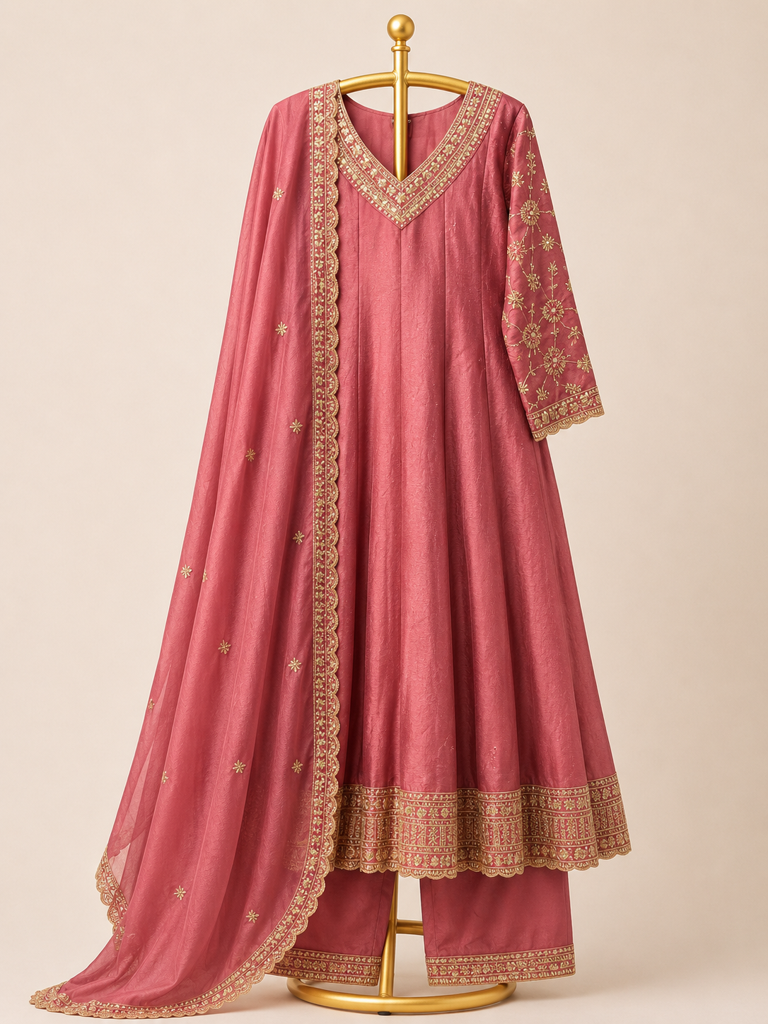 ROSEWOOD PINK EMBROIDERED ANARKALI SUIT SET WITH DUPATTA
