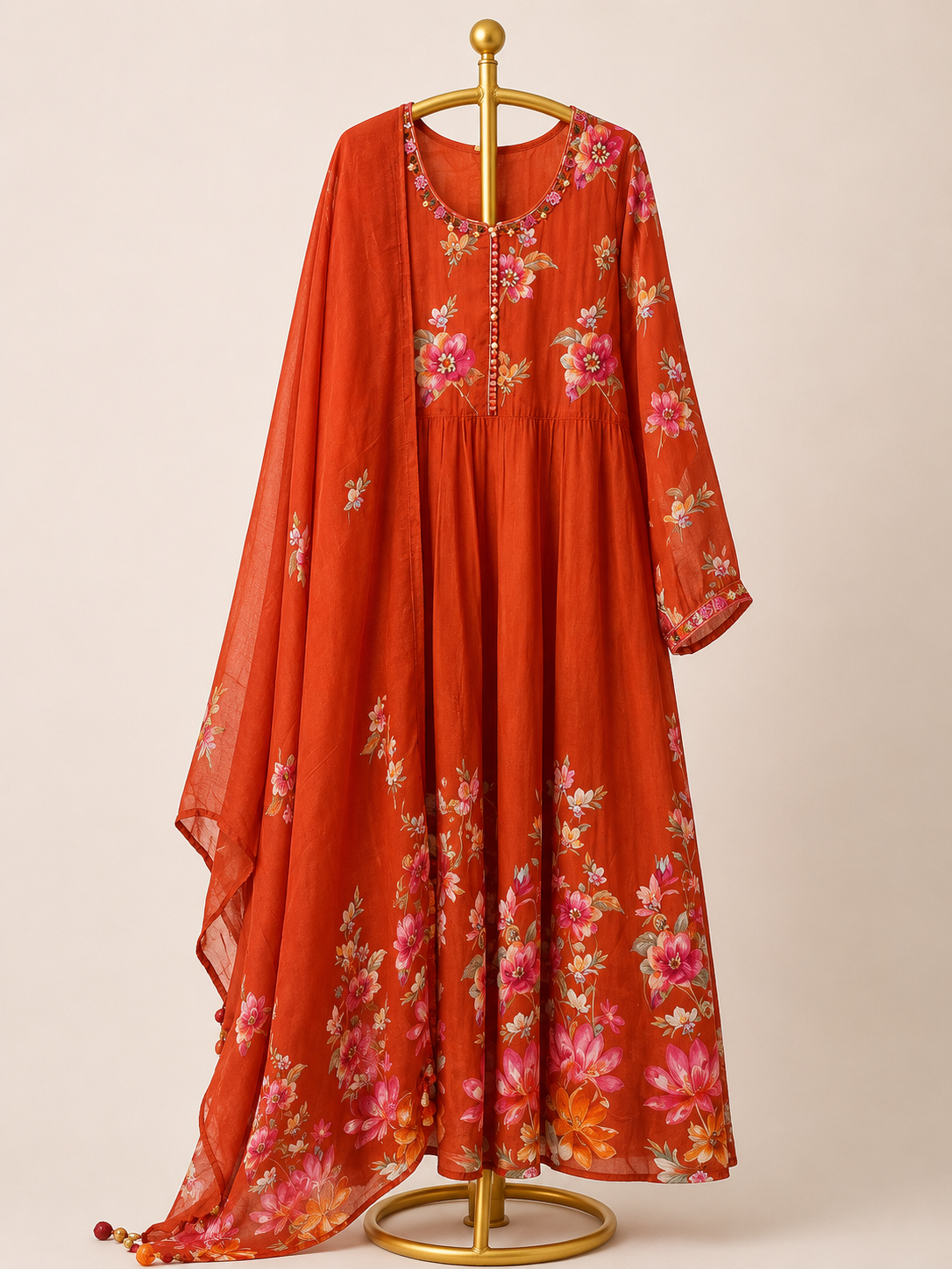 RUST ORANGE FLORAL ANARKALI SUIT SET WITH DUPATTA