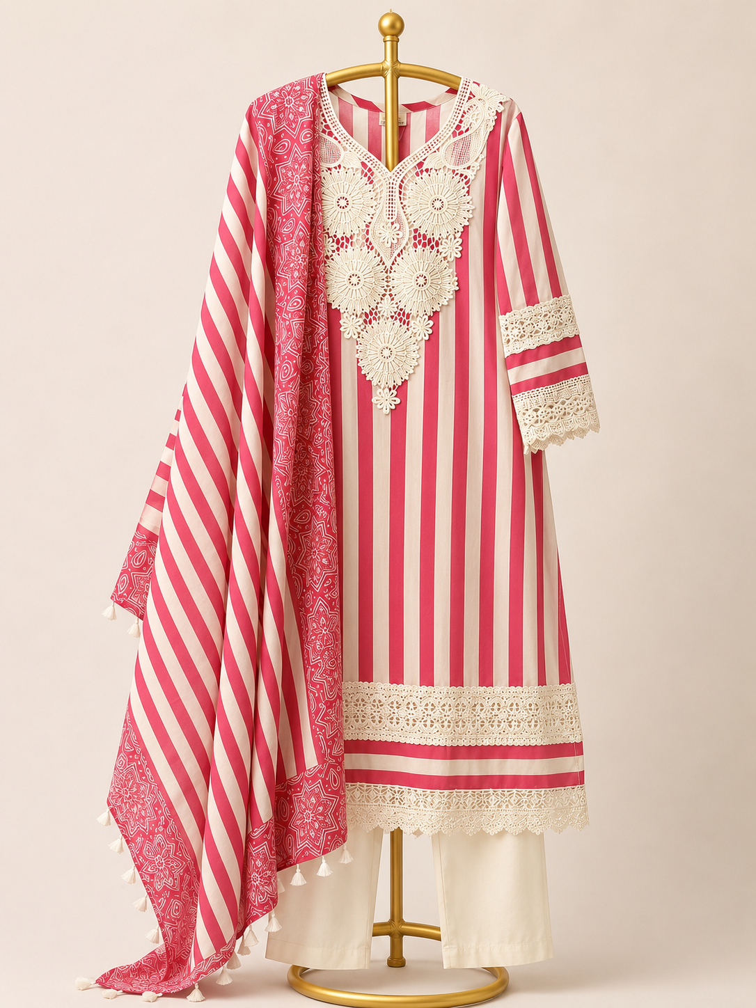 RED STRIPED KURTA SET WITH CROCHET LACE DUPATTA