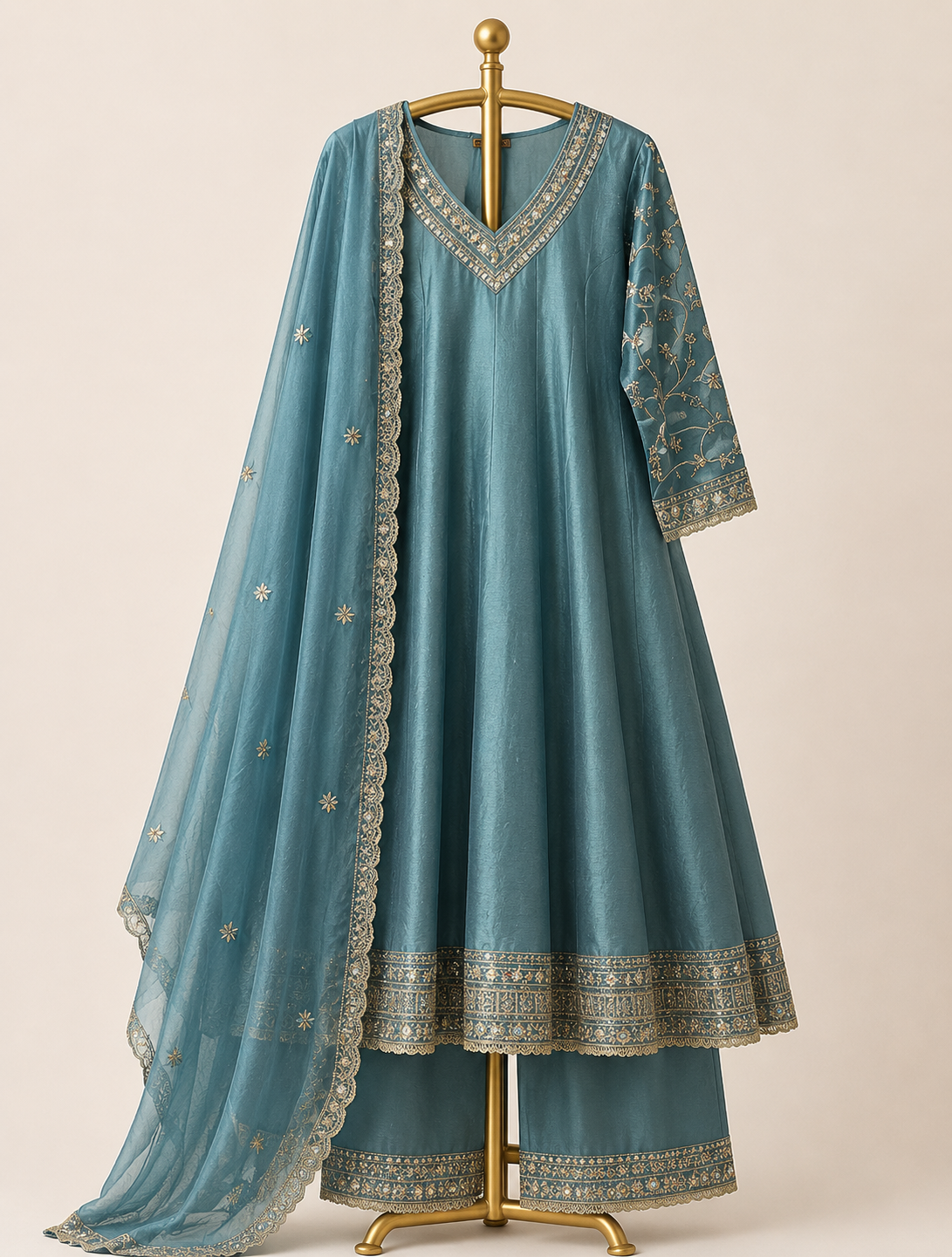 STEEL BLUE EMBROIDERED ANARKALI SUIT SET WITH ORGANZA DUPATTA