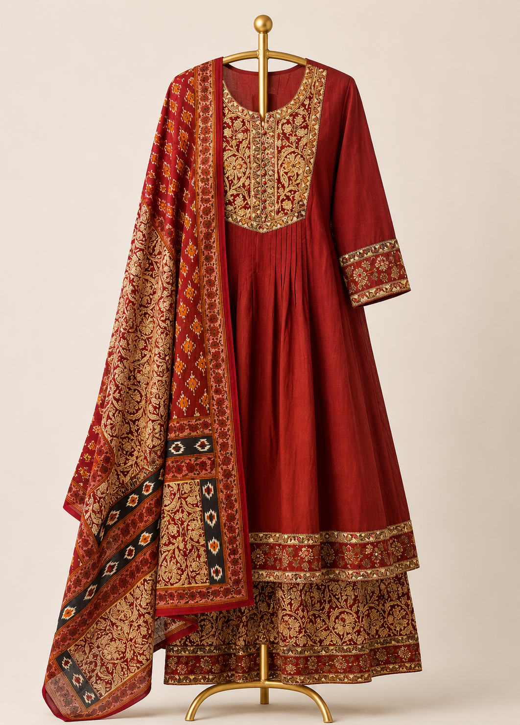 ROYAL MAROON EMBROIDERED ANARKALI SUIT SET WITH PRINTED 
