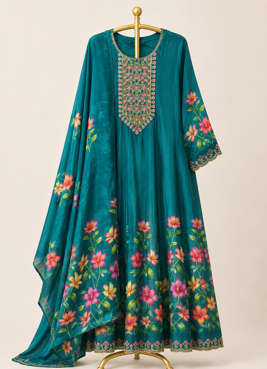 TEAL BLOOM FLORAL ANARKALI SUIT SET WITH DUPATTA