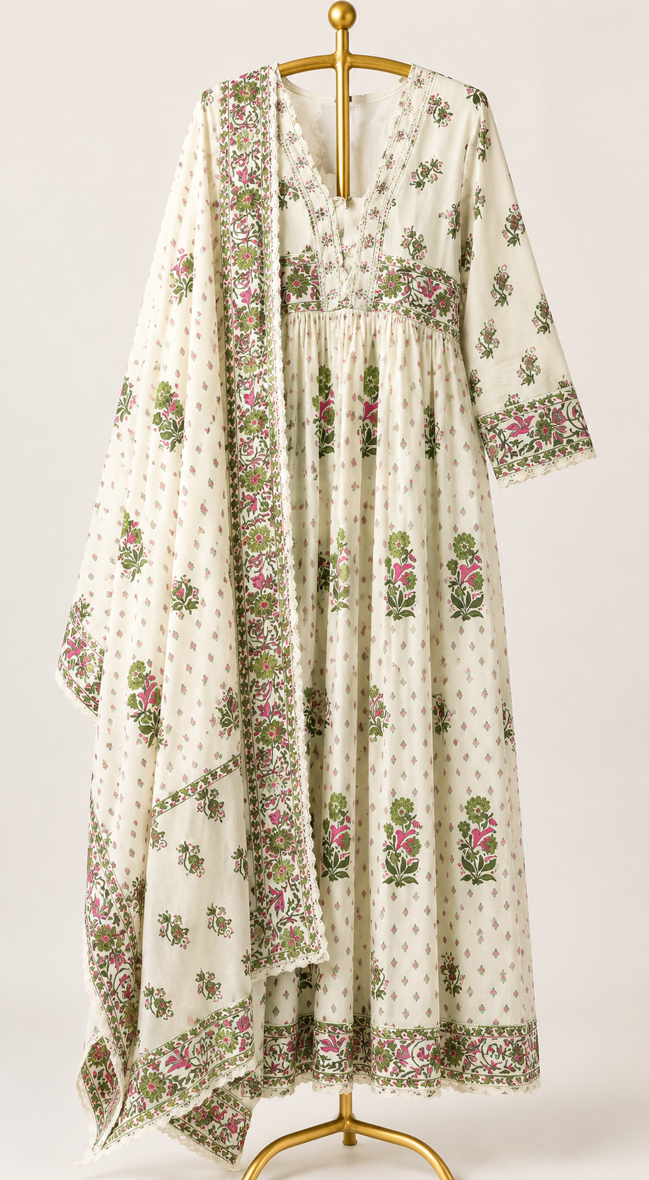 IVORY BLOOM FLORAL PRINTED ANARKALI SUIT SET WITH DUPATTA