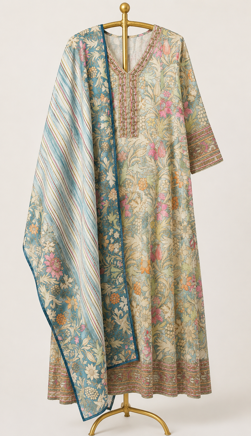PASTEL MEADOW FLORAL PRINTED ANARKALI SUIT SET WITH DUPATTA
