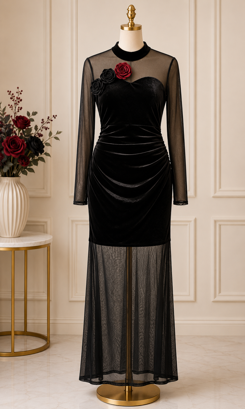 MIDNIGHT ROSE VELVET MESH GOWN