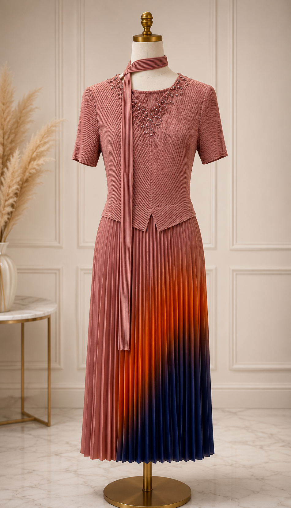 SUNSET HARMONY PLEATED MIDI DRESS 