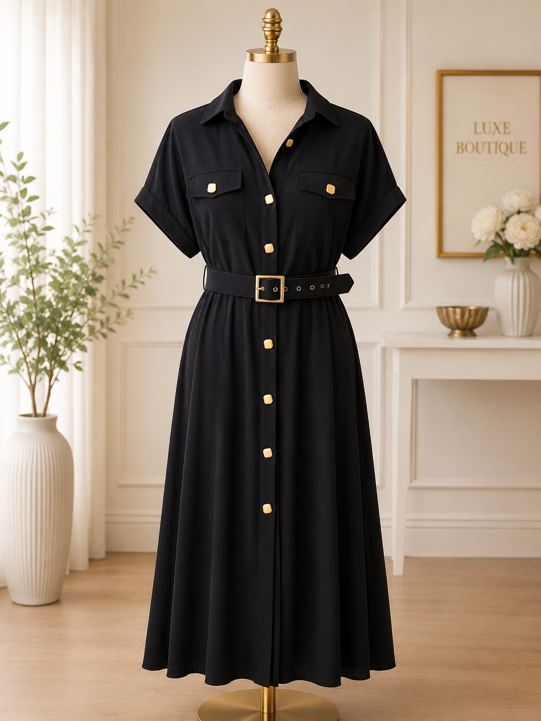 MIDNIGHT LUXE BELTED SHIRT DRESS