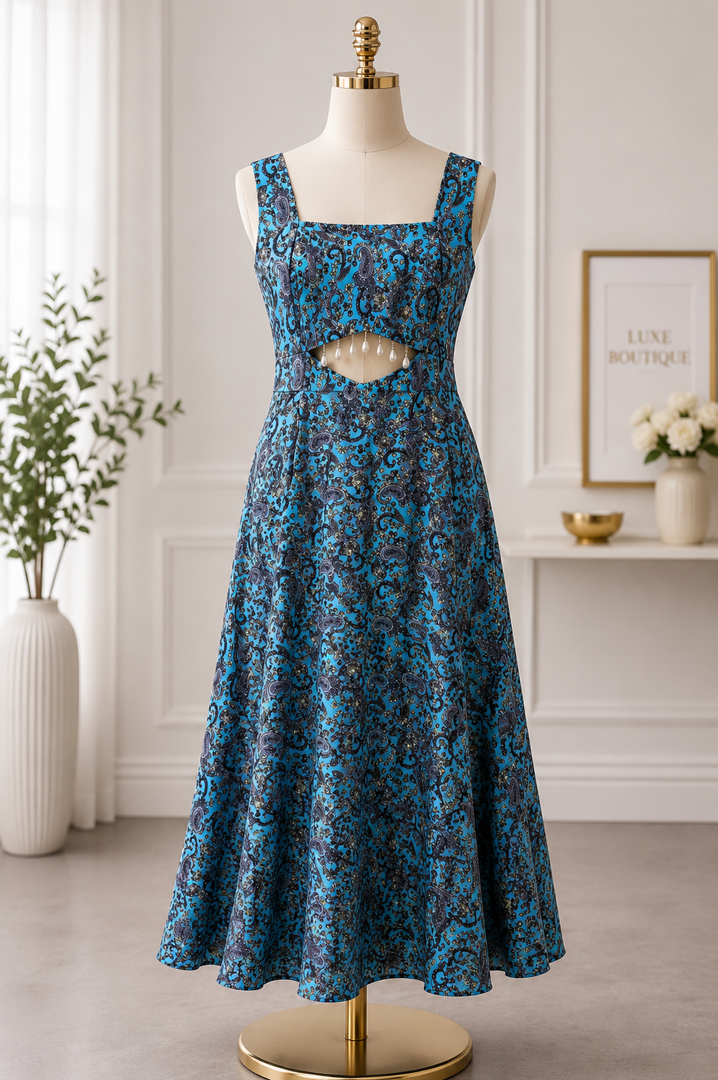 AZURE PAISLEY CUT-OUT MIDI DRESS