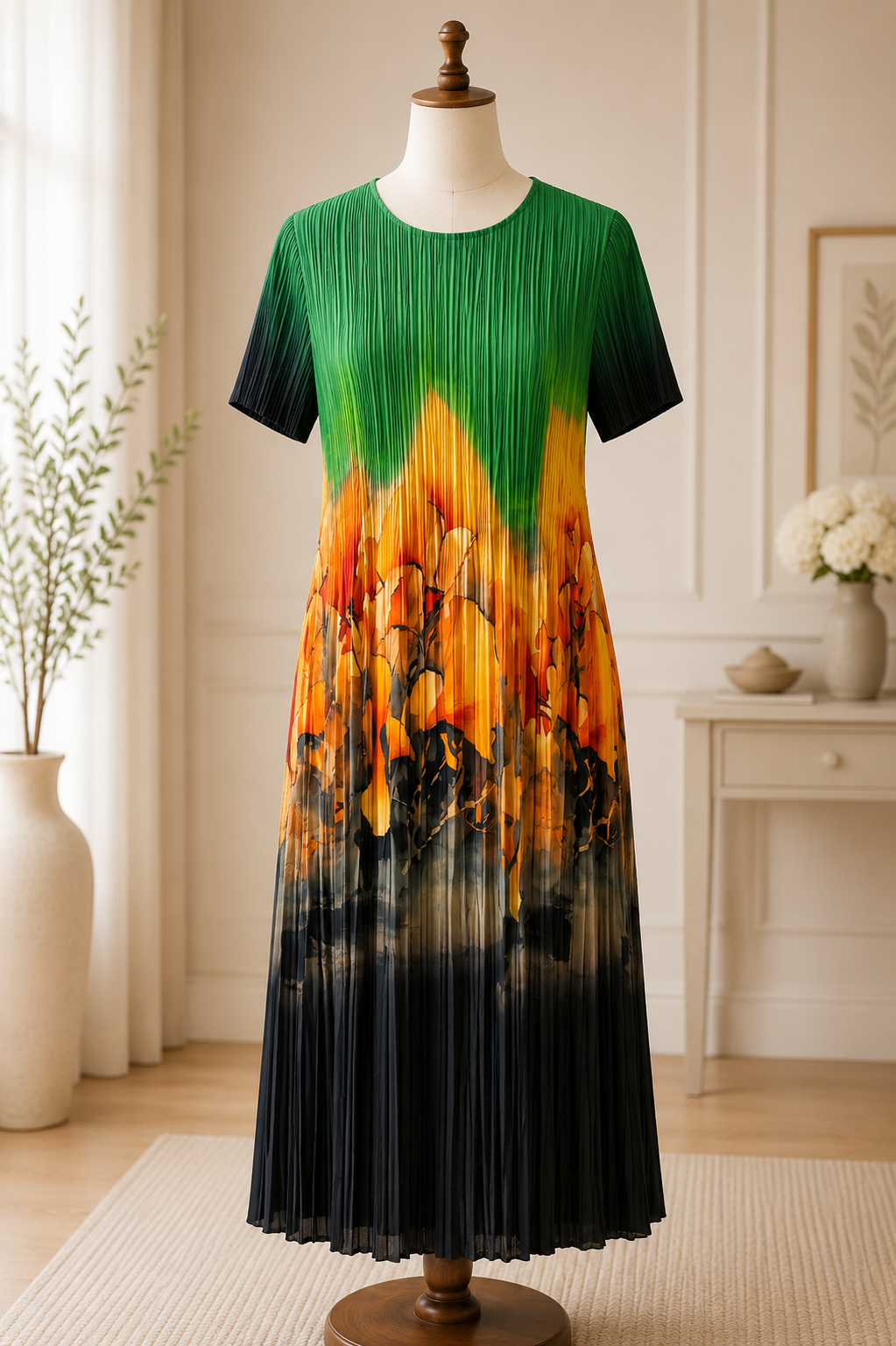 EMERALD SUNSET PLEATED MAXI DRESS