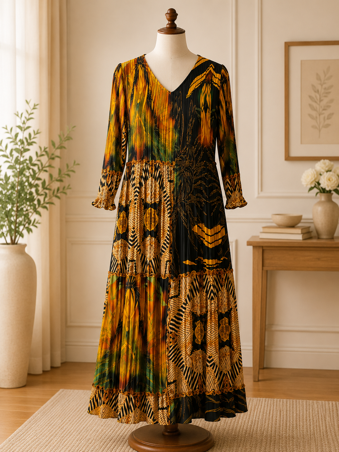 GOLDEN SAFARI PATCHWORK MAXI DRESS 
