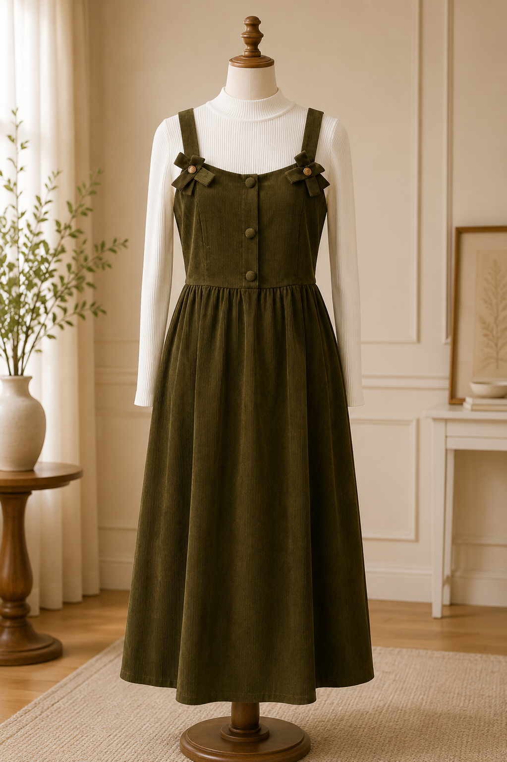 OLIVE CORDUROY PINAFORE DRESS SET