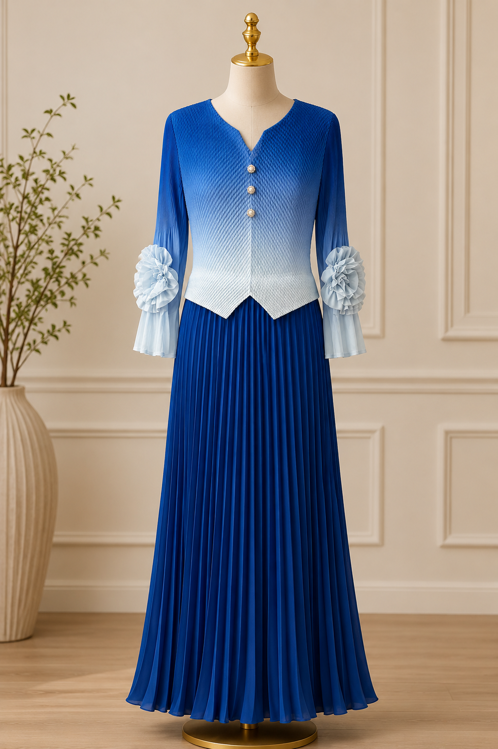 ROYAL BLUE OMBRE PLEATED MAXI DRESS
