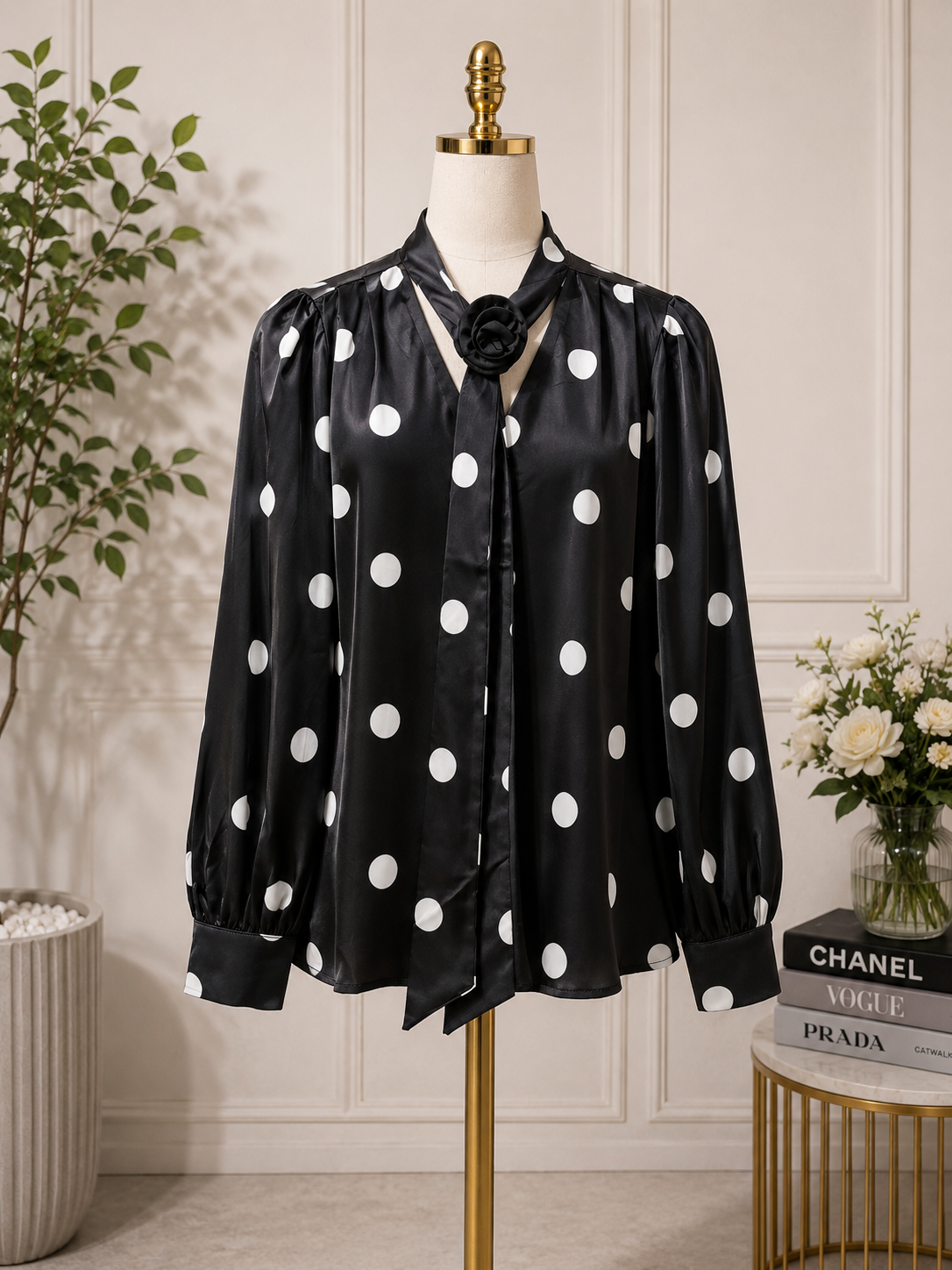MIDNIGHT POLKA DOT SATIN BOW BLOUSE