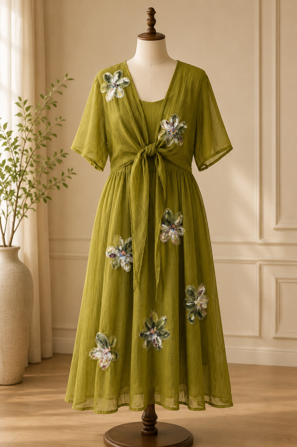 OLIVE BLOSSOM TIE FRONT MIDI DRESS