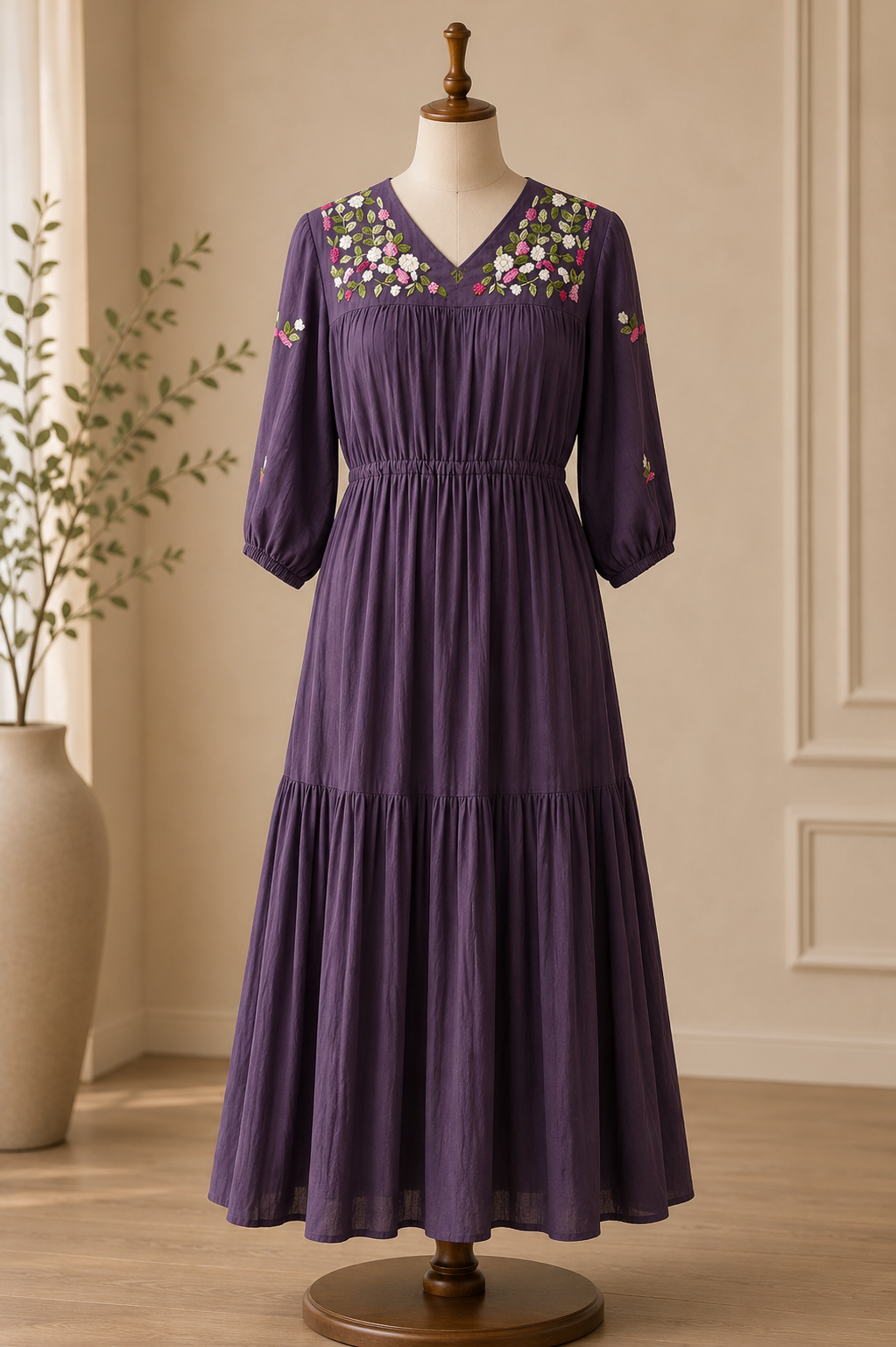 ROYAL VIOLET FLORAL EMBROIDERED MIDI DRESS