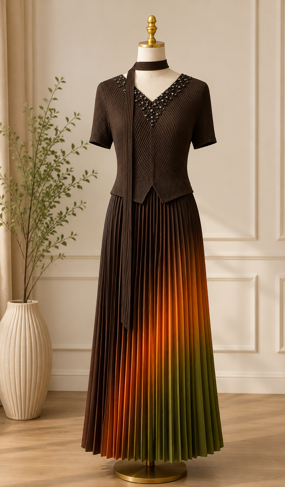 MOCHA OMBRE PLEATED ELEGANCE MAXI DRESS