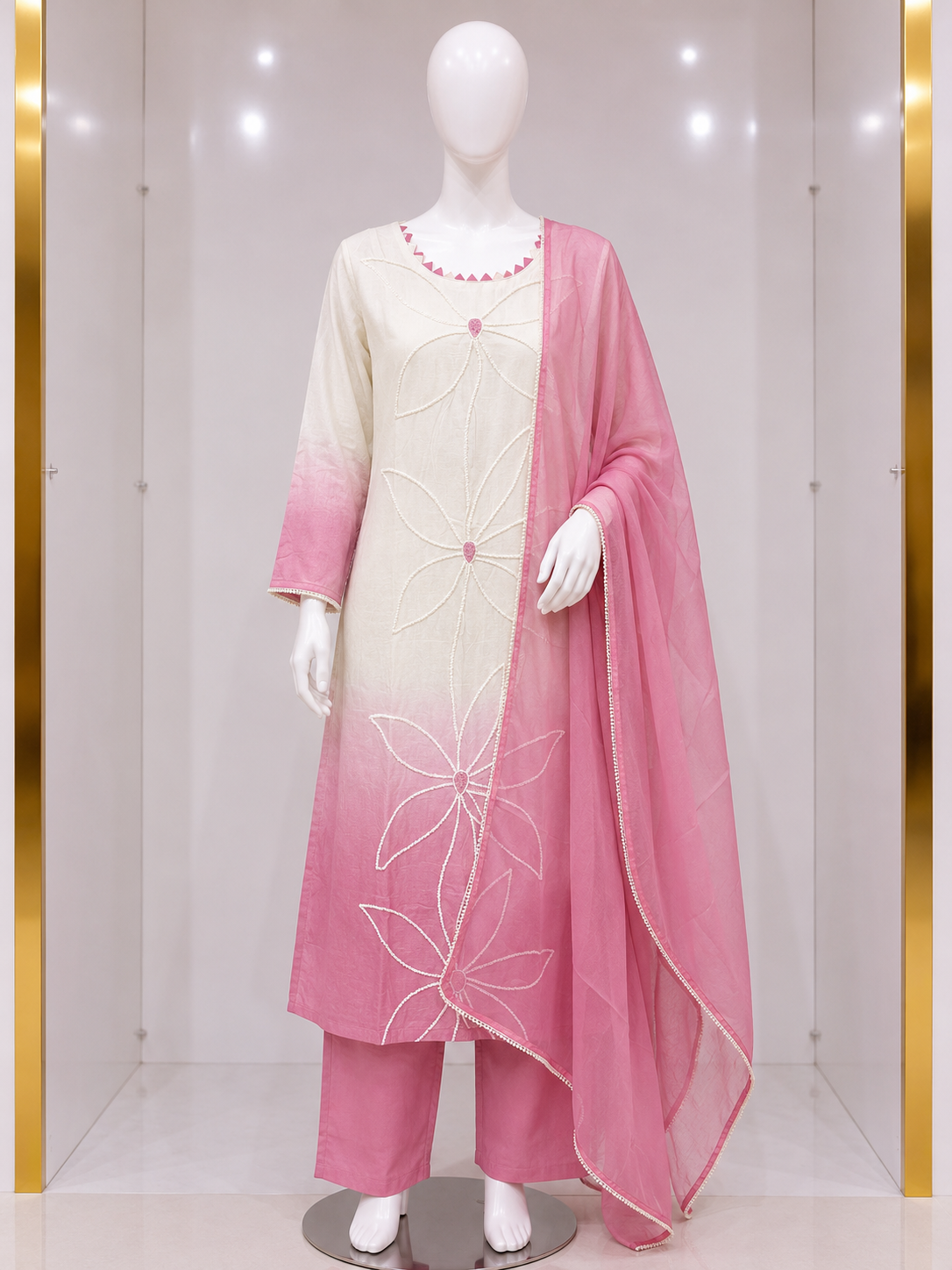 PINK OMBRE FLORAL EMBROIDERDE STRAIGHT KURTA SET WITH DUPATTA